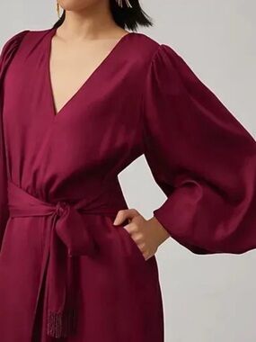 V-Neck Long Sleeve Belted Dress in Deep Wine